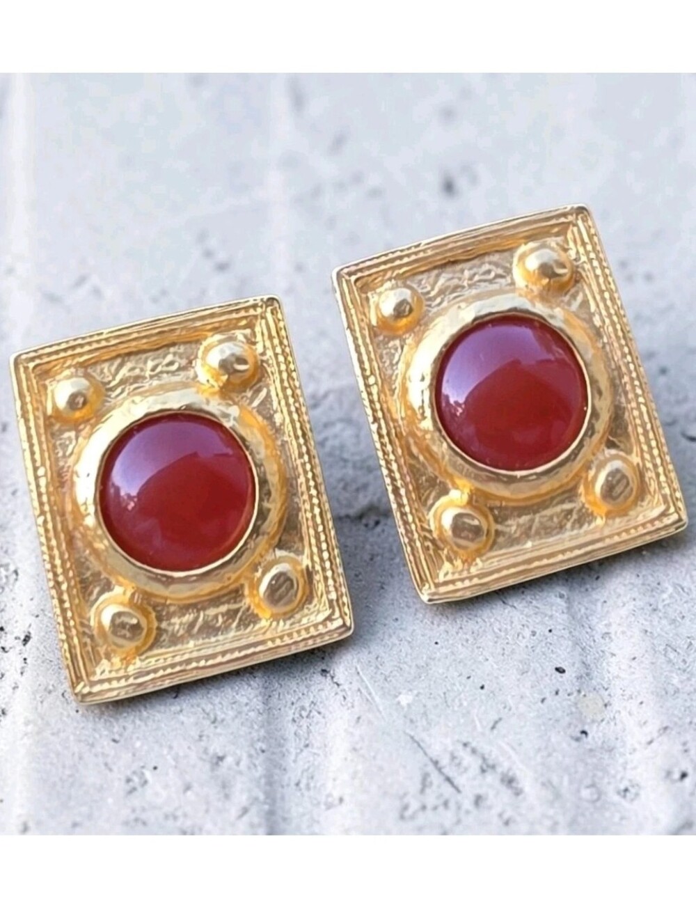 Vintage Etruscan Revival Gold Tone Dark Red Cabochon Geometric Clip On Earrings